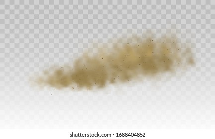 Flying sand. Brown dusty cloud or dry sand flying with a gust of wind, sandstorm. Dust cloud. Scattering trail on track from fast movement. Brown smoke realistic texture vector illustration.