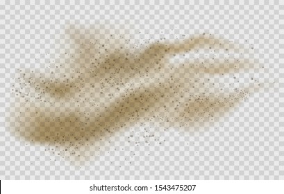 Flying Sand. Desert Sandstorm, Dirty Grain Dust Grain Isolated On Transparent Background, Dry Sandy Storm, Particles Wind