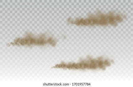 Flying sand. Dust cloud. Brown dusty cloud or dry sand flying with a gust of wind, sandstorm. Brown smoke realistic texture. vector illustration. 