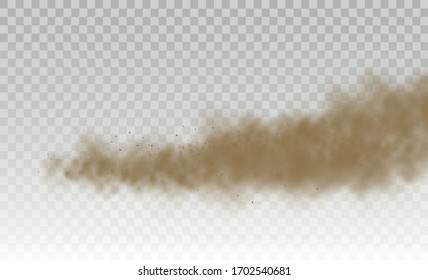 Arena voladora. Nubes de polvo. Nube polvorienta marrón o arena seca que vuela con una ráfaga de viento, tormenta de arena. El humo marrón es una textura realista. ilustración vectorial. 