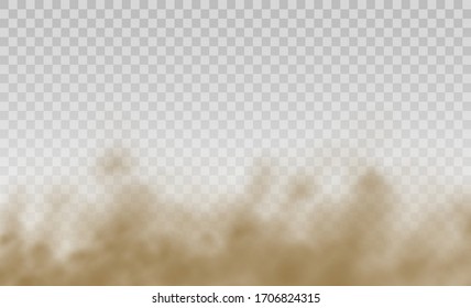 Arena voladora. Nubes de polvo. Nube polvorienta marrón o arena seca que vuela con una ráfaga de viento, tormenta de arena. El humo marrón es una textura realista. ilustración vectorial. 