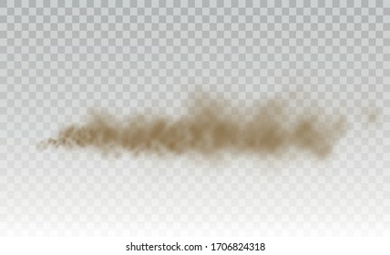 Fliegender Sand. Staubwolke. Braune staubige Wolke oder trockener Sand fliegen mit einer Böe aus Wind, Sandsturm. Braun raucht realistische Textur. Vektorgrafik. 