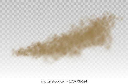 Fliegender Sand. Staubwolke. Braune staubige Wolke oder trockener Sand fliegen mit einer Böe aus Wind, Sandsturm. Braun raucht realistische Textur. Vektorgrafik. 