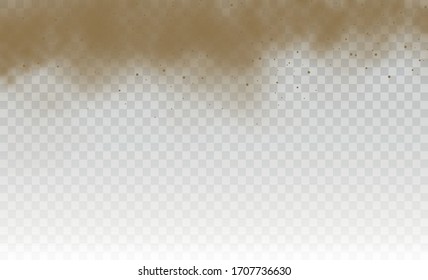 Flying sand. Dust cloud. Brown dusty cloud or dry sand flying with a gust of wind, sandstorm. Brown smoke realistic texture. vector illustration. 