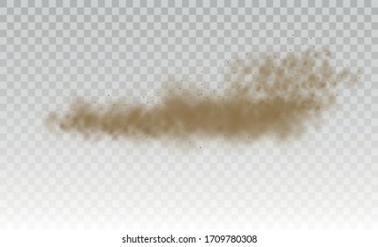 Flying sand. Dust cloud. Brown dusty cloud or dry sand flying with a gust of wind, sandstorm. Brown smoke realistic texture. vector illustration. 