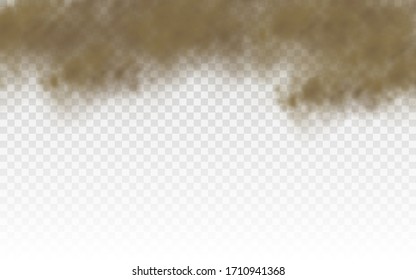 Flying sand. Dust cloud. Brown dusty cloud or dry sand flying with a gust of wind, sandstorm. Brown smoke realistic texture vector illustration. EPS 10.