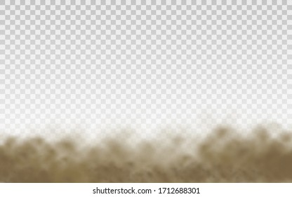 Flying sand, dust cloud, brown dusty cloud or dry sand flying with a gust of wind, sandstorm, brown smoke realistic texture vector illustration, eps 10.