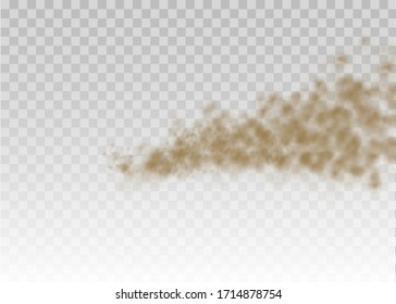 Flying sand. Dust cloud. Brown dusty cloud or dry sand flying with a gust of wind, sandstorm. Brown smoke realistic texture. vector illustration. 