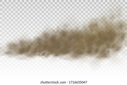 Flying sand, dust cloud, brown dusty cloud or dry sand flying with a gust of wind, sandstorm, brown smoke realistic texture vector illustration, eps 10.