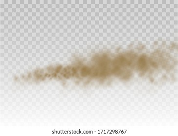 Flying sand. Dust cloud. Brown dusty cloud or dry sand flying with a gust of wind, sandstorm. Brown smoke realistic texture. vector illustration. 