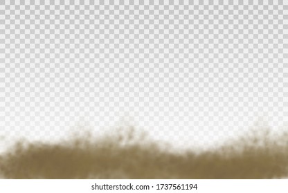Flying sand. Dust cloud. Brown dusty cloud or dry sand flying with a gust of wind, sandstorm. Brown smoke realistic texture. vector illustration. 