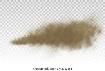 Arena voladora. Nubes de polvo. Nube polvorienta marrón o arena seca volando con una ráfaga de viento, tormenta de arena. Ilustración vectorial de textura de humo marrón realista. EPS 10.