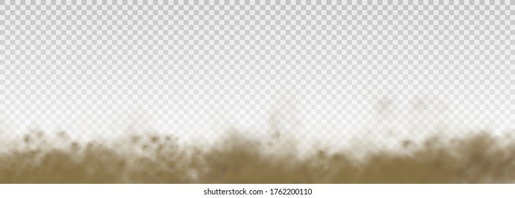 Flying sand. Dust cloud. Brown dusty cloud or dry sand flying with a gust of wind, sandstorm. Brown smoke realistic texture. vector illustration. 