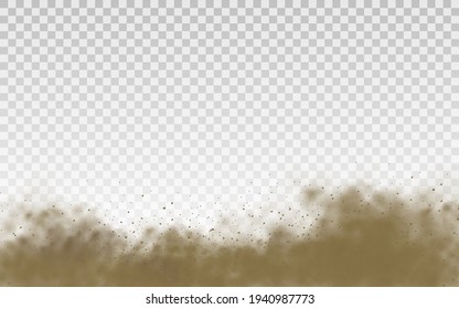 Flying sand. Dust cloud. Brown dusty cloud or dry sand flying with a gust of wind, sandstorm. Brown smoke realistic texture. 