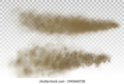 Flying sand. Dust cloud. Brown dusty cloud or dry sand flying with a gust of wind, sandstorm. Brown smoke realistic texture. 