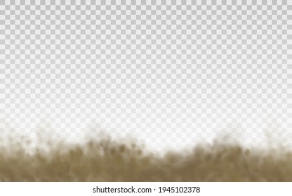 Flying sand. Dust cloud. Brown dusty cloud or dry sand flying with a gust of wind, sandstorm. Brown smoke realistic texture. 