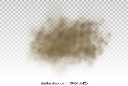 Flying sand. Dust cloud. Brown dusty cloud or dry sand flying with a gust of wind, sandstorm. Brown smoke realistic texture. 