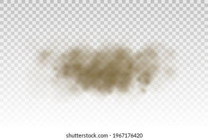 Flying sand. Dust cloud. Brown dusty cloud or dry sand flying with a gust of wind, sandstorm. Brown smoke realistic texture. 