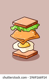Flying sandwich bread ingredients cartoon illustration
