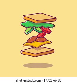 Flying Sandwich Ingredient Cartoon Vector Icon Illustration. Breakfast Food Icon Concept Isolated Premium Vector. Flat Cartoon Style