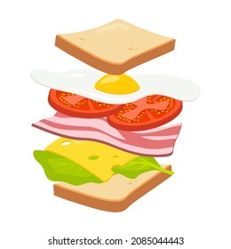 Flying sandwich ingredient, isolated on white background. Putting together a cheese and ham sandwich. Breakfast. Fast food.