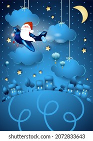 Flying Santa and the airplane on landscape at night. Vector illustration eps10