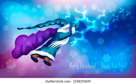 Flying Santa Claus with nine reindeer carries gifts on Christmas night. New year background with snowflakes and winter surprises. Uplifting card.