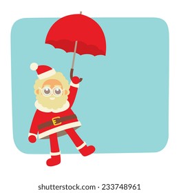 Flying Santa Claus and red umbrella in his hand. None outline cartoon character, simplicity flat style, vector illustration.