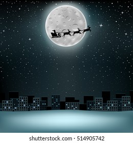 The flying Santa Claus with reindeer, large moon with craters on stars background over night city