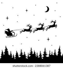 Flying Santa Claus in a sleigh, silhouette for Christmas decoration. Winter forest, snow and stars, beautiful background for design for the new year. Isolated vector illustration on a white background