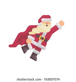 Flying Santa Claus in a superhero cape. Christmas character flat illustration