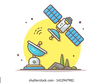 Flying Satellite with Antenna Space Vector Illustration. Flat Cartoon Style Suitable for Web Landing Page,  Banner, Flyer, Sticker, Wallpaper, Card, Background