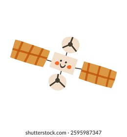 Flying satellite. Childish colorful hand drawn vector illustration.