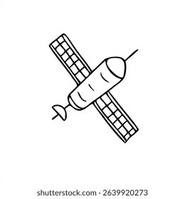 Flying satellite with deployed solar panels stylized monochrome vector illustration. Spacecraft graphic sketch for space technology themes, sci fi project, educational material, coloring page