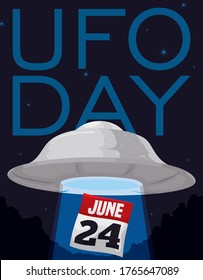 
Flying saucer abducting a calendar in a starry night, commemorating the first registered sighting in the UFO Day this 24th June.