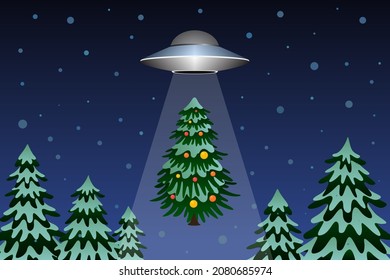 Flying saucer abducting Christmas tree. Vector illustration.