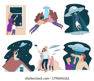 Flying saucer abducting people, interaction of people and ufo. Characters looking at unidentified objects in sky, taking selfies and pointing fingers. Futuristic spacecraft vector in flat style