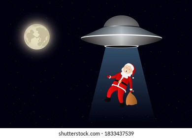 Flying saucer abducting Santa Claus. Cartoon. Vector illustration.