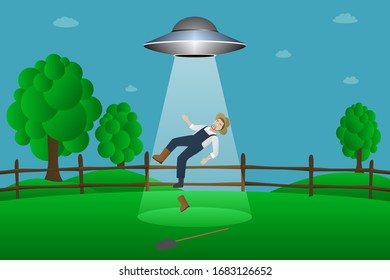 Flying saucer abducts farmer. Vector illustration.