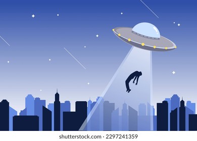 Flying saucer abducts man, city silhouette and the star sky in the background. UFO abduction.