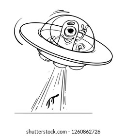 A flying saucer with an alien inside kidnaps a person. Vector black and white drawing.