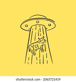 flying saucer of aliens. cartoon drawing. vector illustration. isolated object. yellow background. abduction of a cow