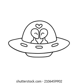 A flying saucer with aliens in love in doodle style.  UFO Contour vector drawing. Unidentified spacecraft