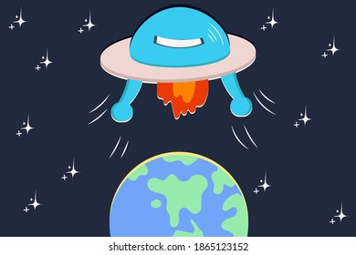 Flying saucer of aliens over the earth, flying ship in space, cute cartoon vector