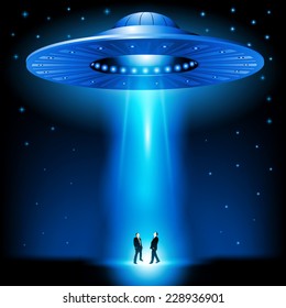 Flying Saucer Arrived At Night. Vector Illustration