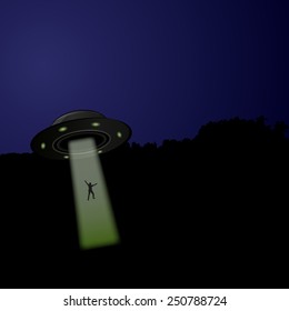 Flying saucer arrived at night, vector illustration