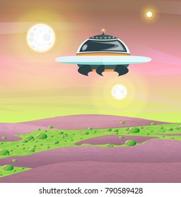 A flying saucer with blades takes off from the surface of a strange planet. Lilac sandy desert, green acidic river with bubbles. Three suns. Space travel. Vector illustration