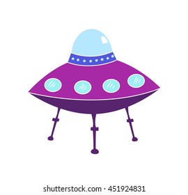 Flying Saucer Cartoon - Purple alien spaceship parked, cartoon style illustration