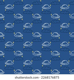 Flying Saucer in Clouds vector UFO at Night concept linear creative seamless pattern