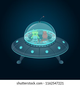 Flying saucer with a cockpit and alien
 in cartoon style. Vector illustration.
